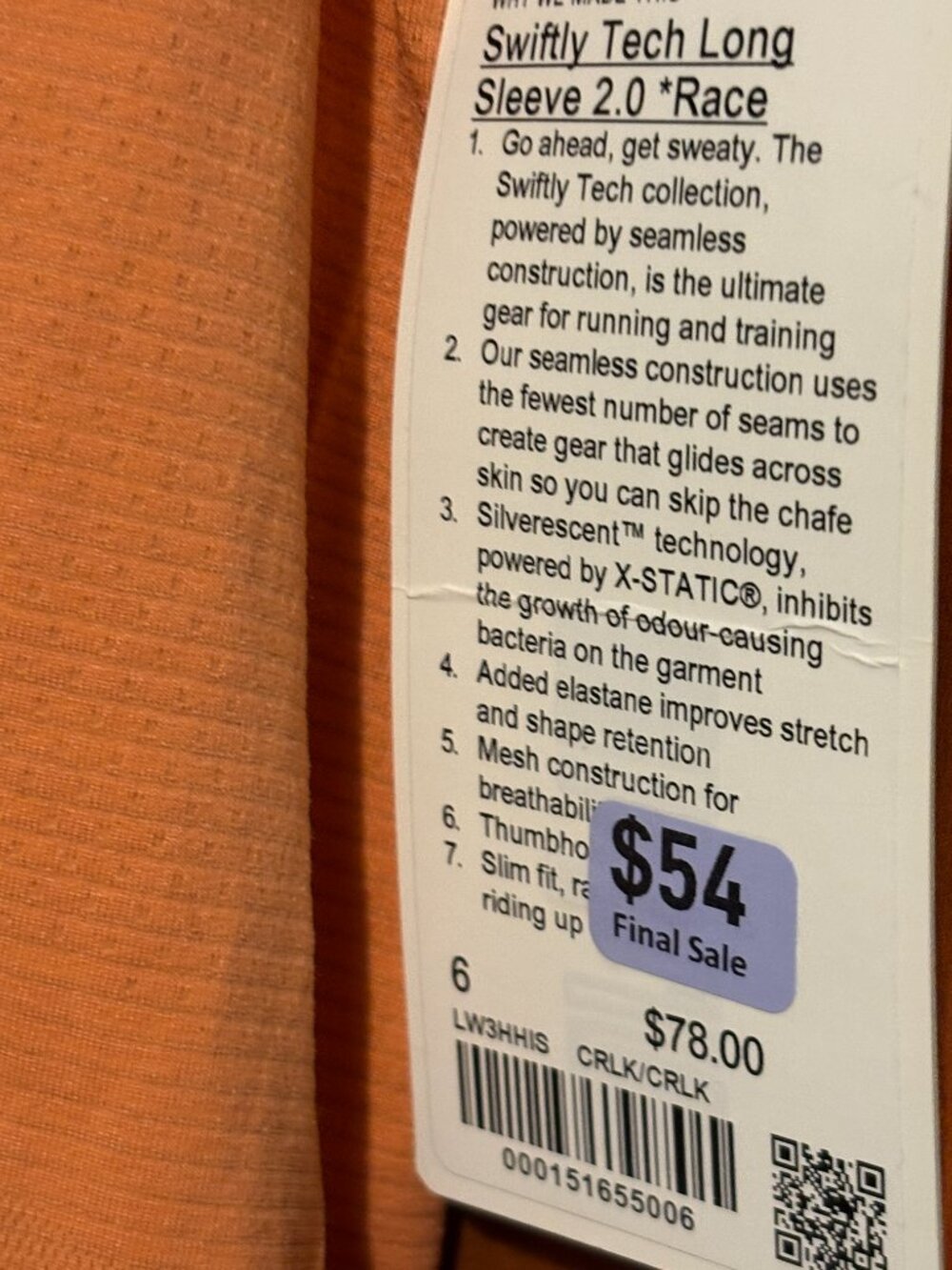 NWT Lululemon Swiftly Tech LS Shirt 2.0 *Race Sz 6 Coral Orange $86 - Picture 3 of 4